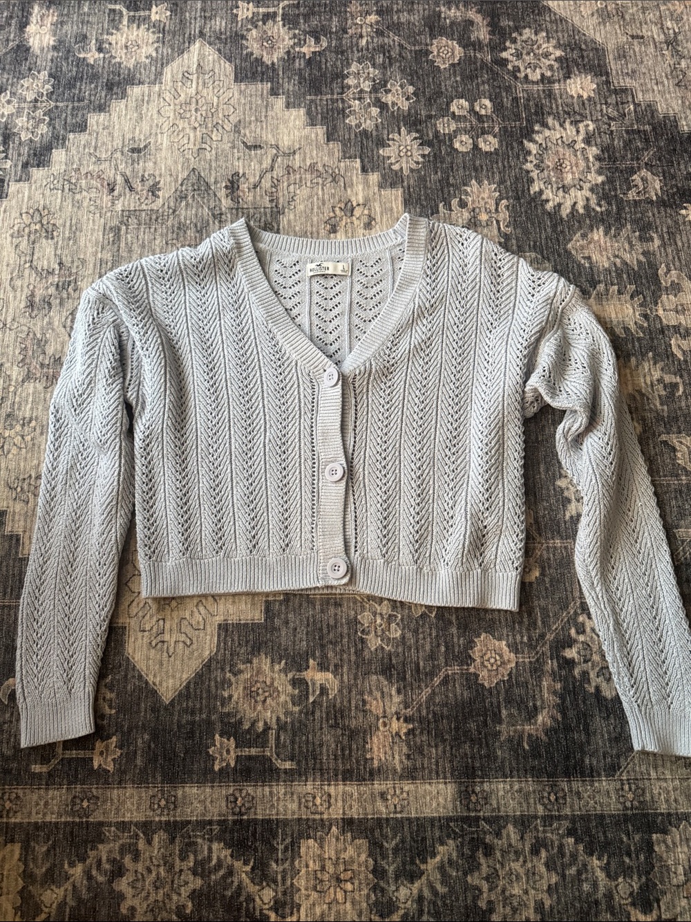 Hollister Light Gray Cropped Open-Knit V-Neck Cardigan